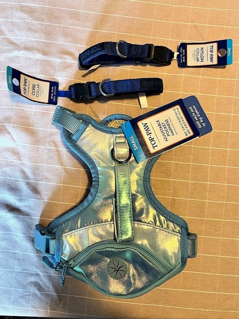 Small top paw shiny teal harness with two blue collars